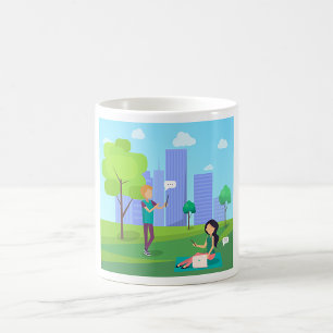 Sociala medier kommunikation i stadspark kaffemugg