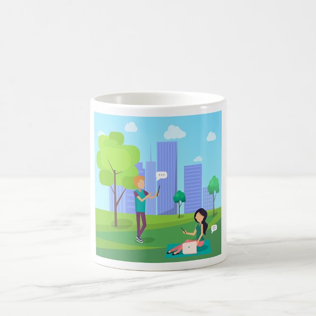 Sociala medier kommunikation i stadspark kaffemugg (Skapare uppladdad)