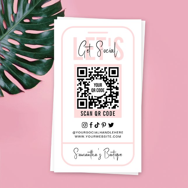 Sociala Medier QR-kod Feminin Rosa Modern Visitkort (Trendy QR code business cards in blush pink and white with phone outline design and editable text)