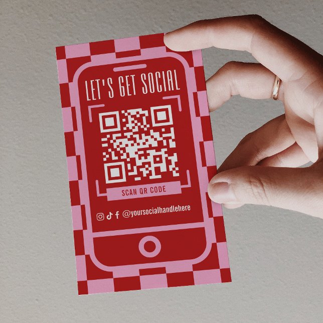 Sociala Medier QR-kod Retro Groovy Röd & Rosa Visitkort (Skapare uppladdad)