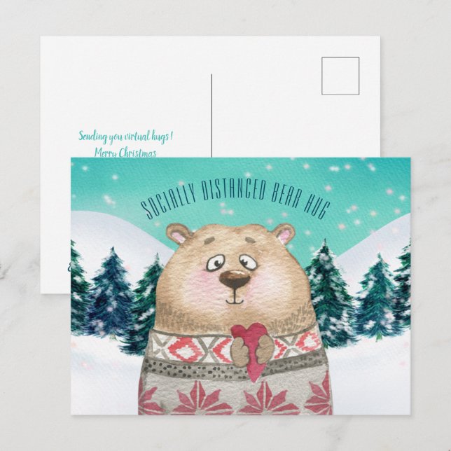 Socialt Avstånd Bear Hug Cute Forest Snö Scene Helg Vykort (Fram/baksida)