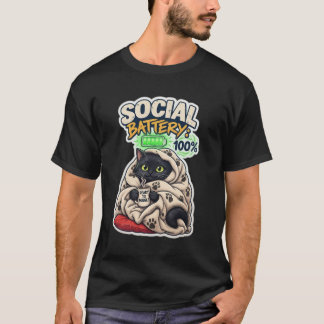 Socialt Batteri 100% Fulladdad Svart Katt T Shirt