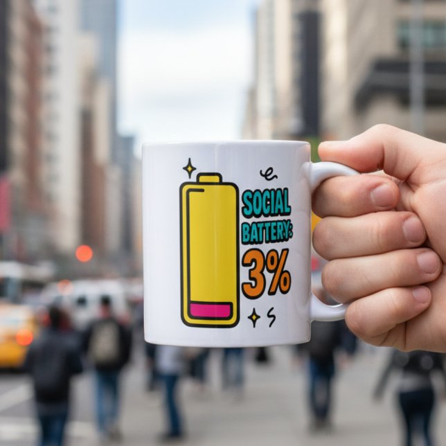 Socialt Batteri 3 Procent – Rolig Neurospicy Intro Kaffemugg (Skapare uppladdad)