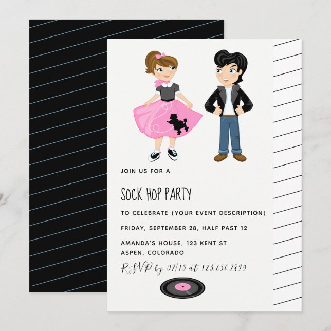 Sock Hop Kids Rockar och Rullar Retrofest Inbjudningar (Fram/baksida)