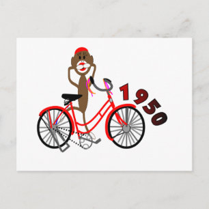 Sock monkey % 1950's Bicycle Teckning - Unik Vykort