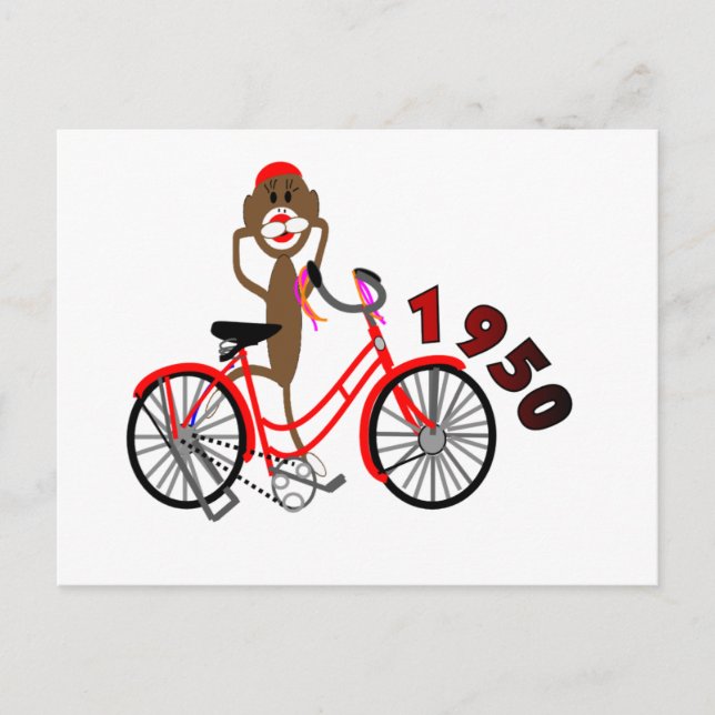 Sock monkey % 1950's Bicycle Teckning - Unik Vykort (Framsida)