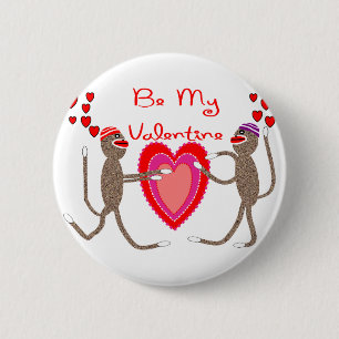 Sock monkey "är gulliga gåvor för min valentin" knapp