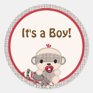 SOCK MONKEY Baby Shower blank Round BOY #5 Runt Klistermärke
