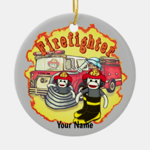 Sock monkey-brandbekämpare julgransprydnad keramik