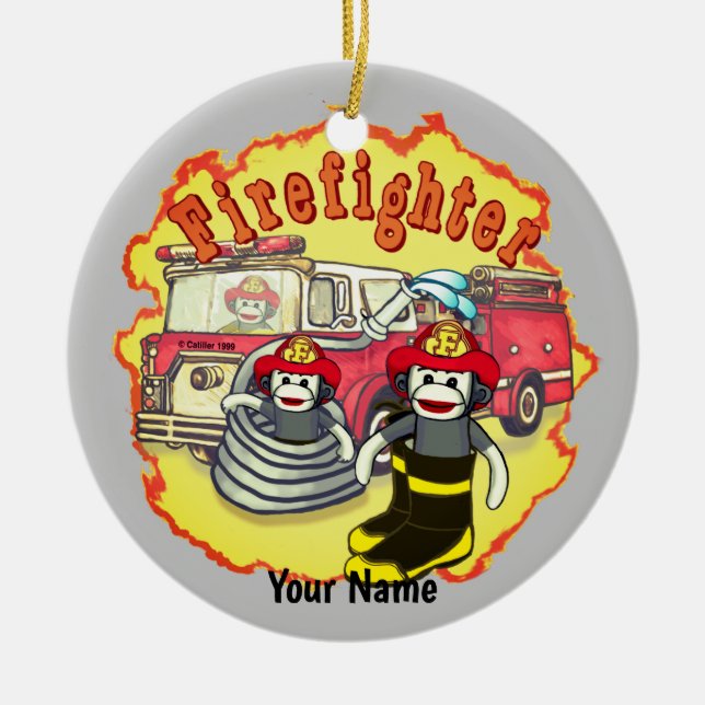 Sock monkey-brandbekämpare julgransprydnad keramik (Framsidan)