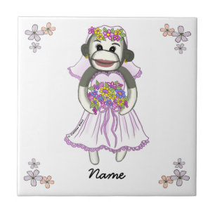 Sock monkey Bride personligt bröllp Tile Kakelplatta