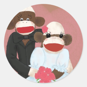 Sock monkey-Bröllop-märke (Bowty & Violet) Runt Klistermärke
