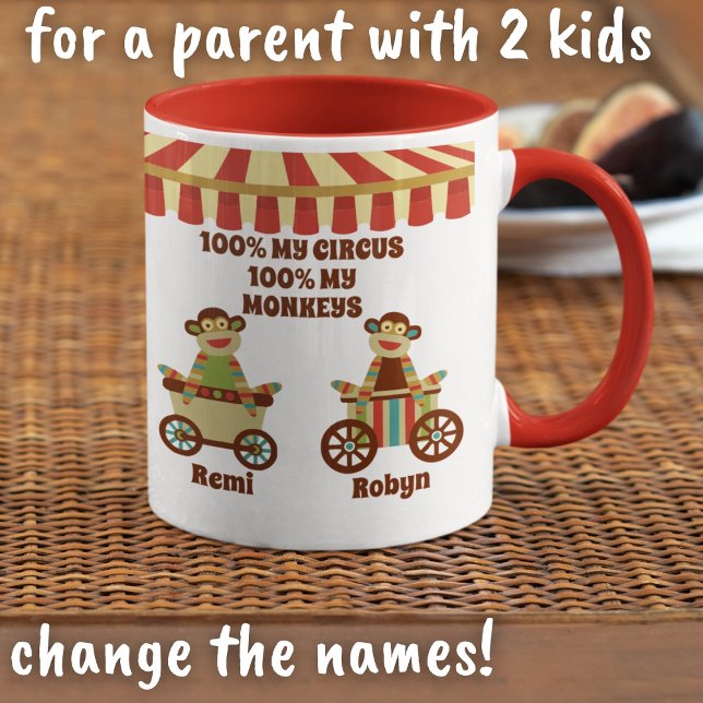 Sock monkey Circus 2 Kids Namn Parent Gift Mugg (Skapare uppladdad)
