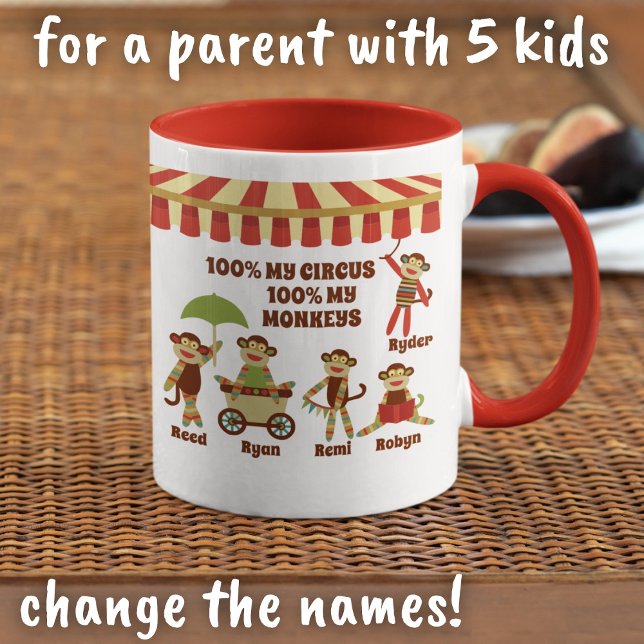 Sock monkey Circus 5 Kids Namn Parent Gift Mugg (Skapare uppladdad)
