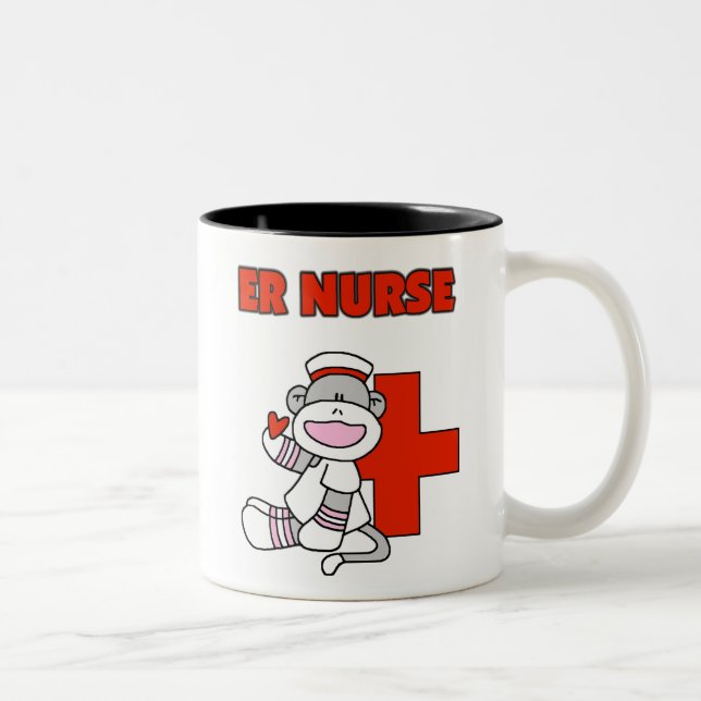 Sock monkey ER Nurse T-shirts och presenter Två-Tonad Mugg (Höger)
