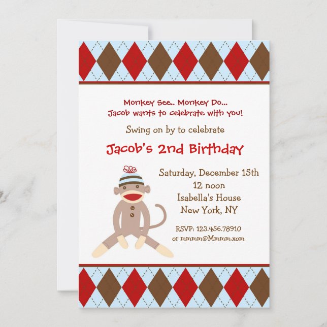 Sock monkey Födelsedagsfest inbjudan (Framsida)