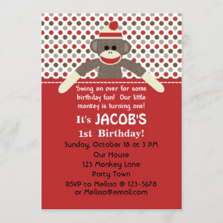 Sock monkey Födelsedagsfest inbjudan - anpassa