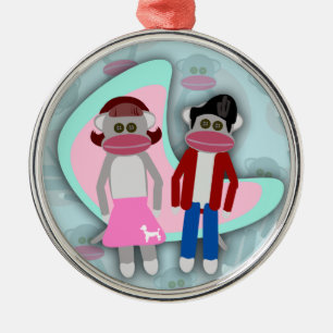 Sock monkey för femtiotalsockaskutt julgransprydnad metall
