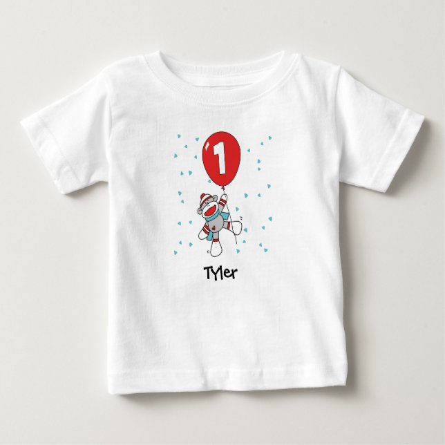 Sock monkey första födelsedag Baby T-Shirt (Framsida)