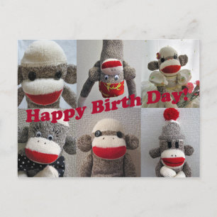 Sock monkey Grattis på födelsedagen-kort Vykort