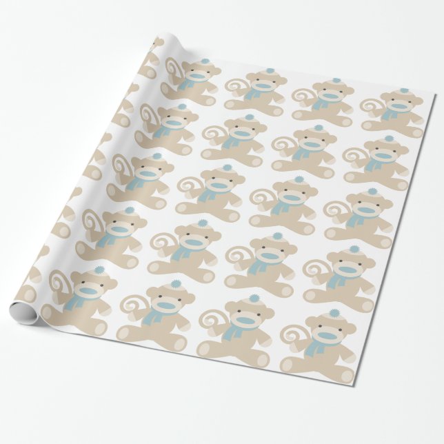 Sock monkey i blått presentpapper (Utrullad)