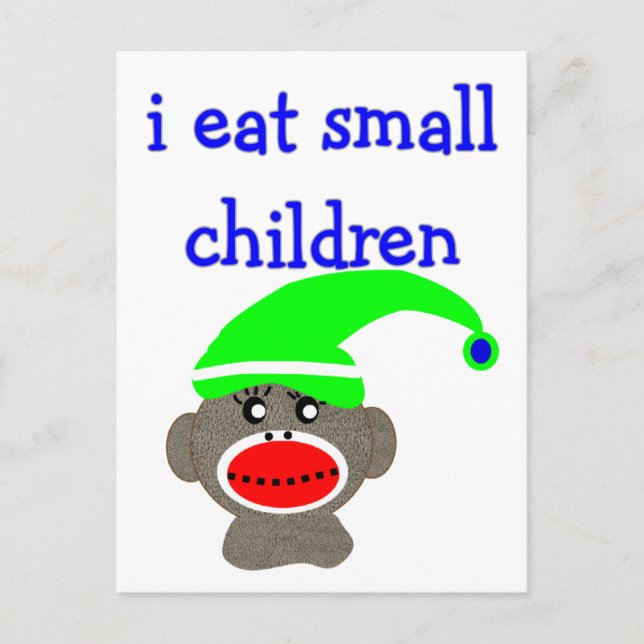 sock monkey ’I EAT SMALL CHILDREN’ Vykort (Framsida)