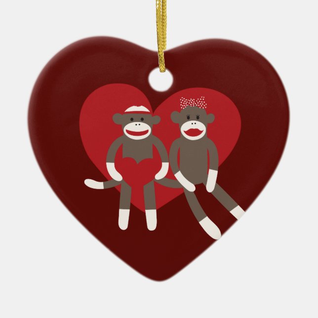 sock monkey i Kärlek Hearts Alla hjärtans dagskorg Julgransprydnad Keramik (Framsidan)