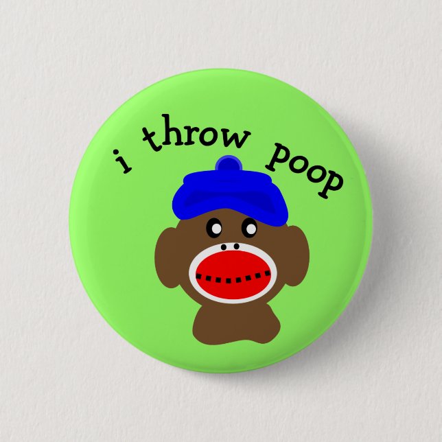 Sock monkey ’I TROW POOP’ Knapp (Framsida)
