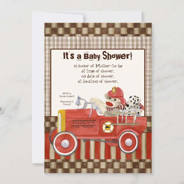 Sock monkey, inbjudan till Lastbil Boy Baby Shower (Framsida)