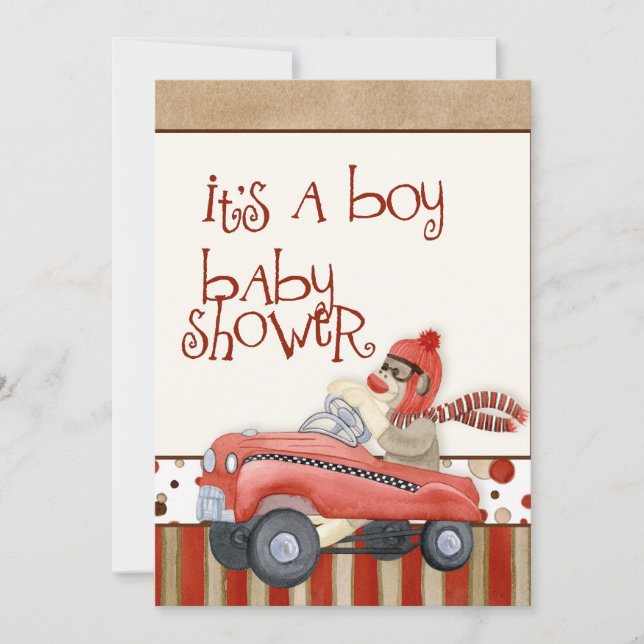 Sock monkey, inbjudan till pojkbabyskor (Framsida)