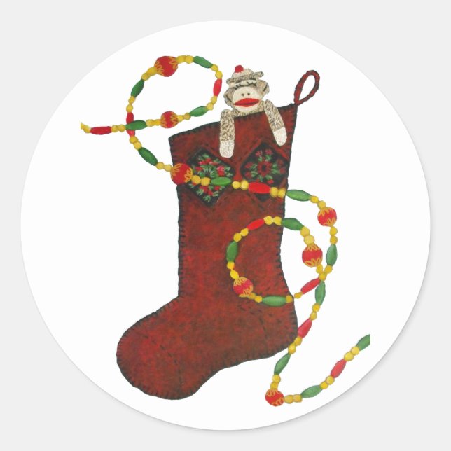 Sock monkey-julklapp runt klistermärke (Framsida)
