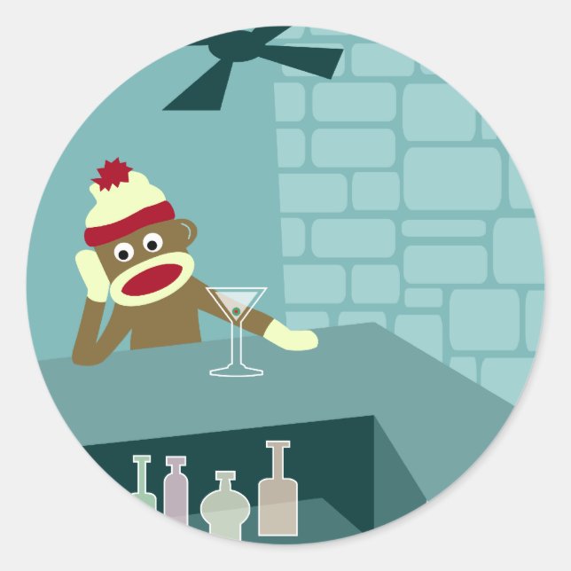 Sock monkey Martini Pub Runt Klistermärke (Framsida)
