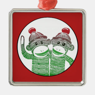 Sock monkey med den röda gränsen kvadrerar julgransprydnad metall