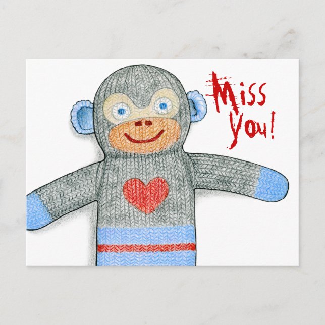 Sock monkey "Miss You"-vykort Vykort (Framsida)