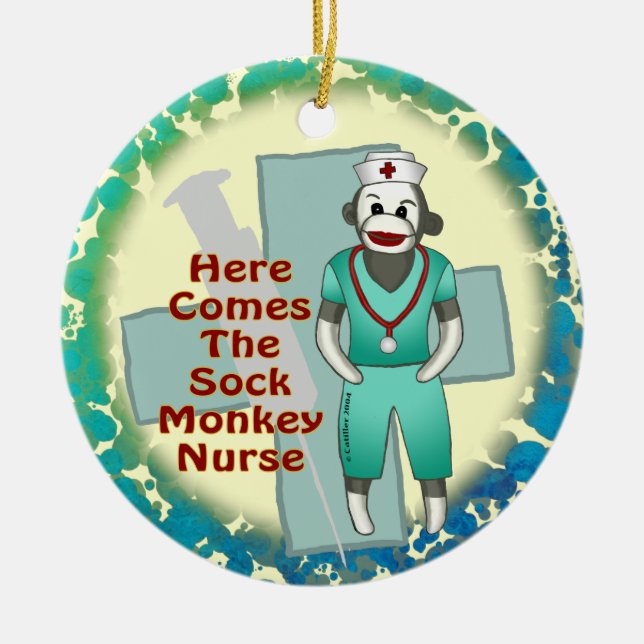 Sock monkey Nurse-ordnamn för eget namn Julgransprydnad Keramik (Framsidan)