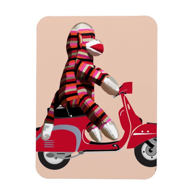 Sock monkey på röd moped magnet (Vertikal)