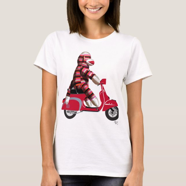 Sock monkey på röd moped tee shirt (Framsida)
