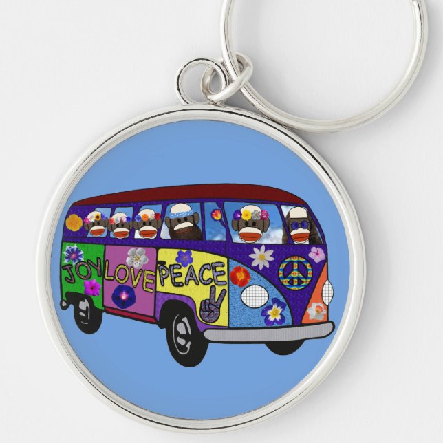 Sock Monkey Peace Bus Keychain Rund Silverfärgad Nyckelring (Framsidan)