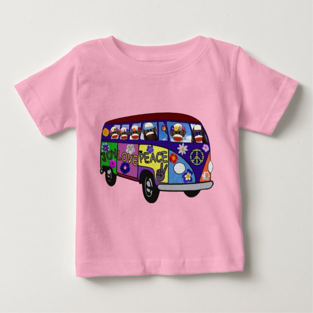 Sock Monkey Peace Bus  T Shirt (Framsida)