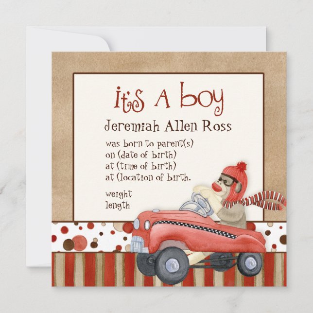 Sock monkey Pedal Car, Boy Baby Birth Notice Inbjudningar (Framsida)
