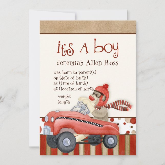 Sock monkey Pedal Car, Boy Baby Birth Notice Inbjudningar (Framsida)