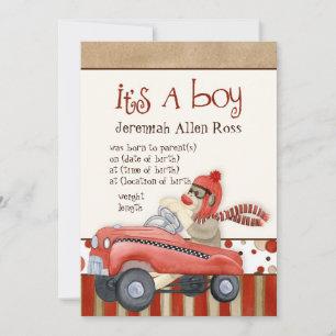 Sock monkey Pedal Car, Boy Baby Birth Notice Inbjudningar