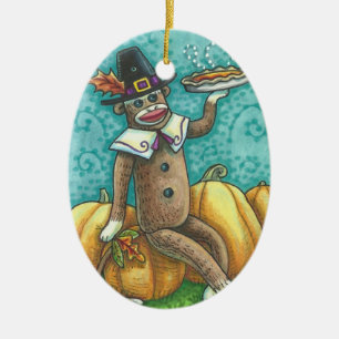SOCK MONKEY PILGRIM, HELGDAG THANKSGIVING ORNATION JULGRANSPRYDNAD KERAMIK