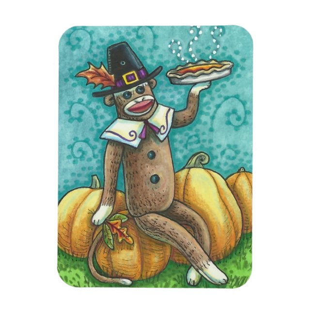 SOCK MONKEY PILGRIM & PAJ, THANKSGIVING MAGNET (Vertikal)
