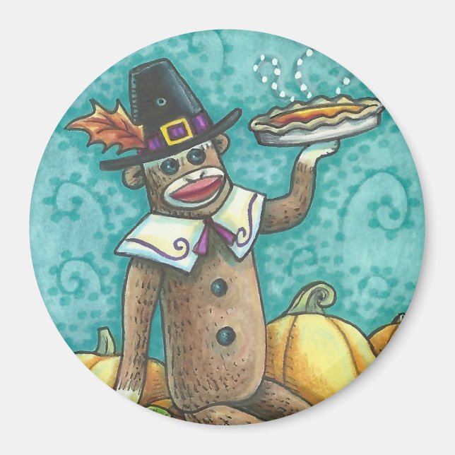 SOCK MONKEY PILGRIM THANKSGIVING DAY MAGNET Round (Framsidan)