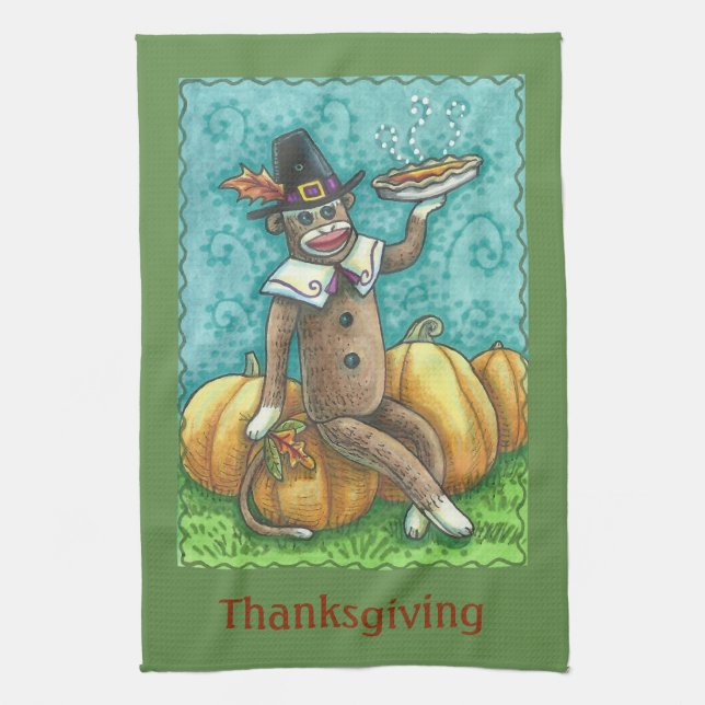 SOCK MONKEY PILGRIM, THANKSGIVING KITCHEN TOWEL KÖKSHANDDUK (Vertikal)
