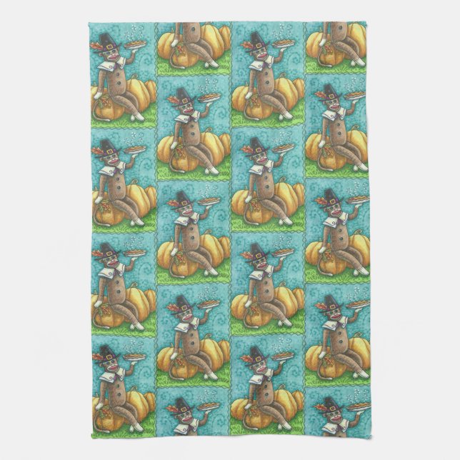 SOCK MONKEY PILGRIM, THANKSGIVING KITCHEN TOWEL KÖKSHANDDUK (Vertikal)