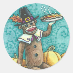 SOCK MONKEY PILGRIM THANKSGIVING STICKER LAKAN Rnd Runt Klistermärke