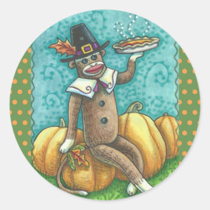 SOCK MONKEY PILGRIM THANKSGIVING STICKER LAKAN Rnd Runt Klistermärke