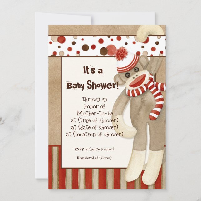Sock monkey, pojkvän, inbjudan till babykläder (Framsida)